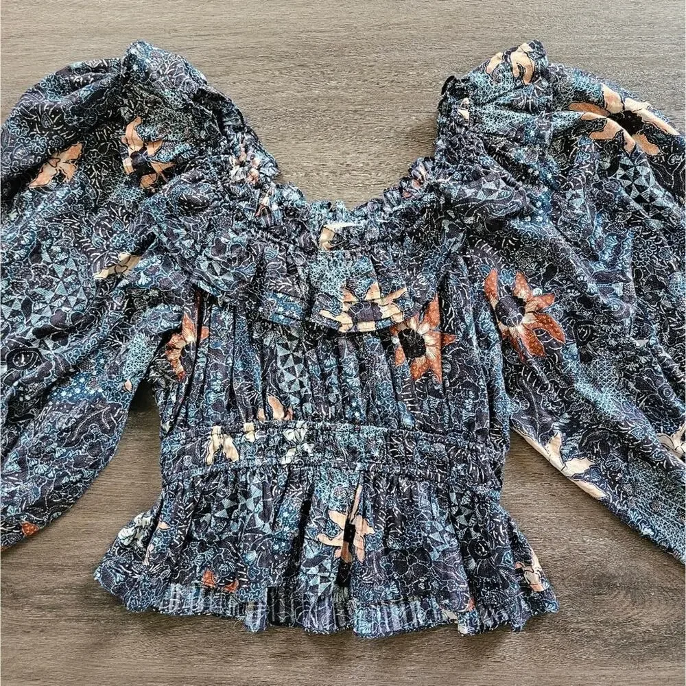 Ulla Johnson Navy Azul Asmara Blouse Floral Bubble Sleeve Blouse Size 6